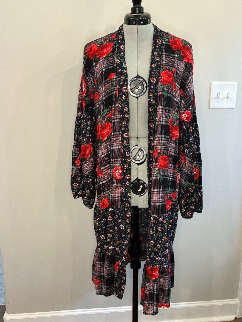 Umgee Boho Fairy Floral Plaid Patchwork Duster Cardigan Size Small 0339